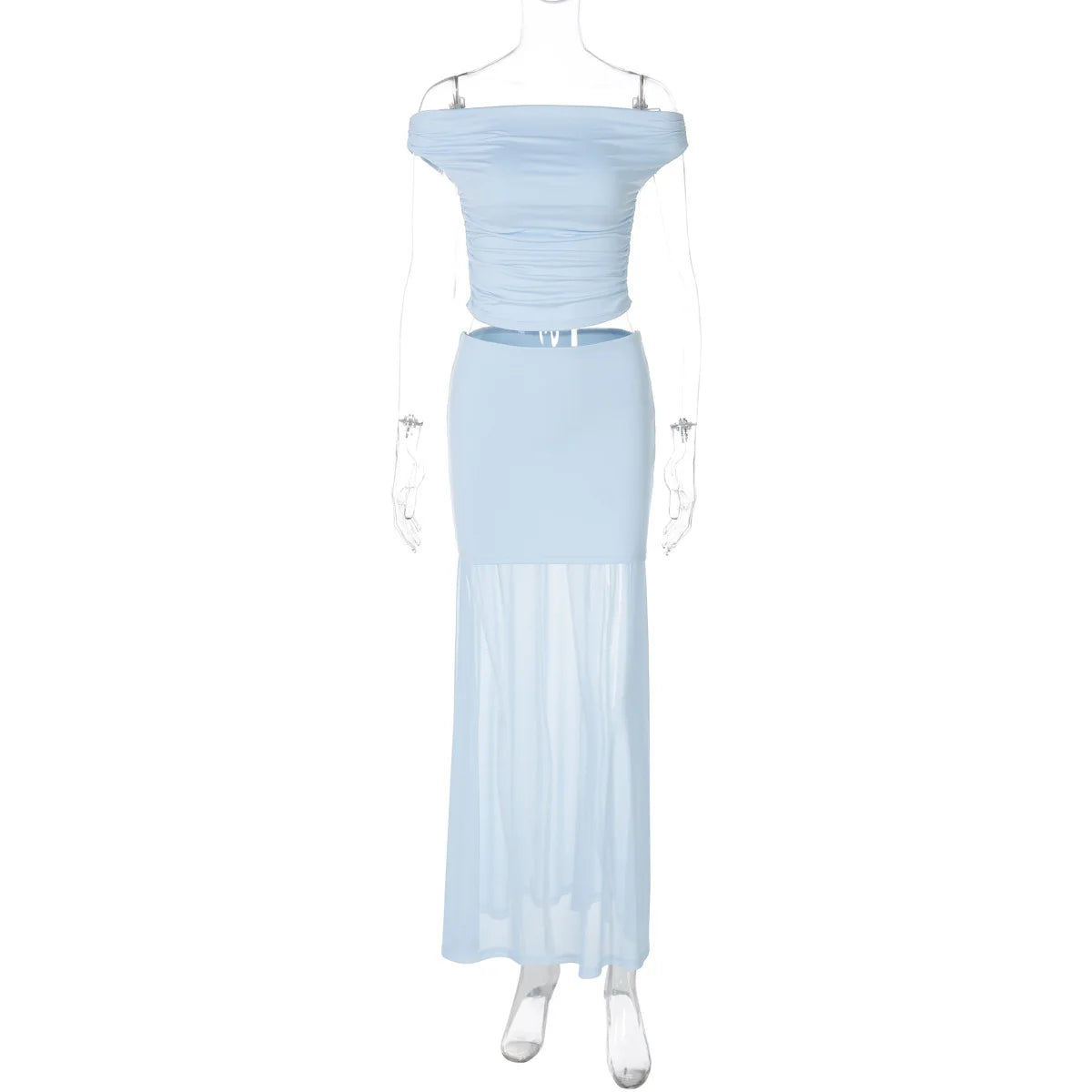 Blue Mesh Sexy Skirt Two Piece Sets Women Strapless Crop Tops And Maxi Skirt Ladies Fashion Elegant 2 Piece Sets