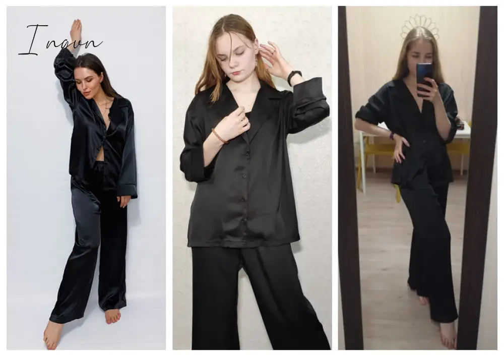 Ingvn - Oversized Satin Silk Sleepwear Low Cut Sexy Pajamas For Women Single-Breasted Long Sleeves Wide Leg Pants Trouser Suits