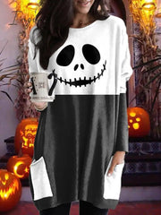 Ingvn - Women's Tunic Shirts Tunic Black White Wine Plaid Color Block Pocket Print Long Sleeve Halloween Weekend Round Neck Long Abstract Painting S