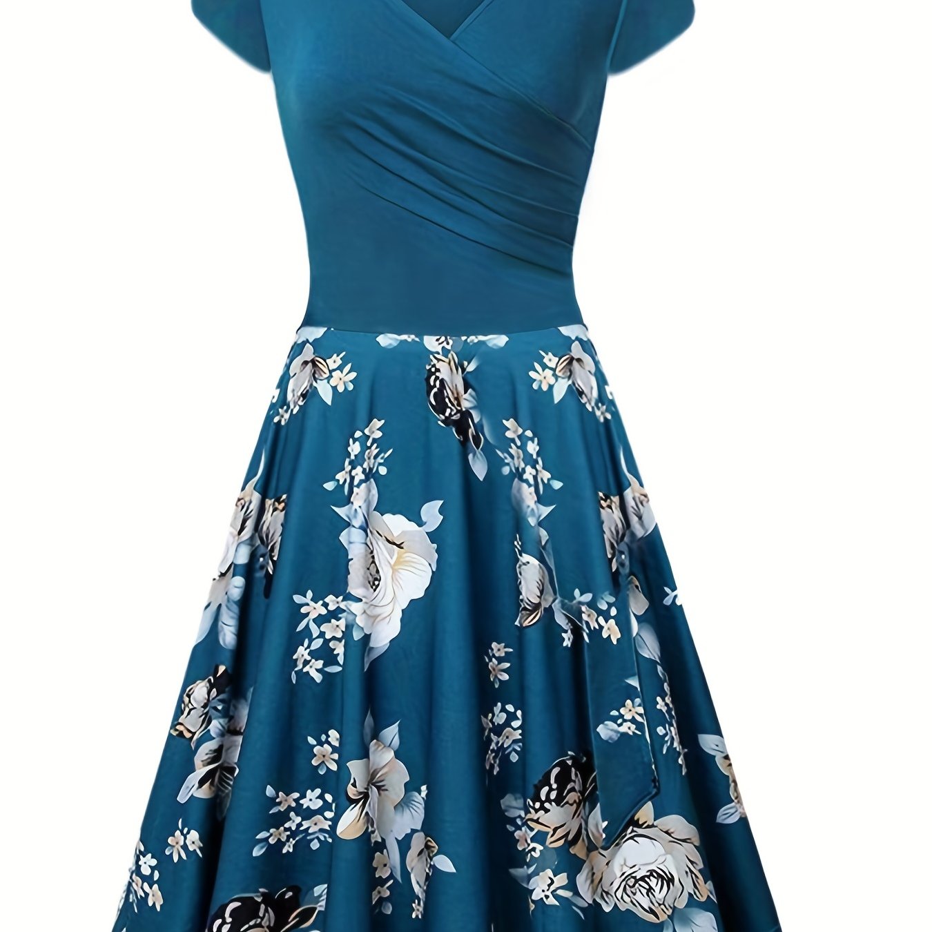 Charming Floral Print V-Neck Dress - Stylish & Flowy Short Sleeve Style - Perfect for Spring & Summer - Womens Casual to Formal Wear