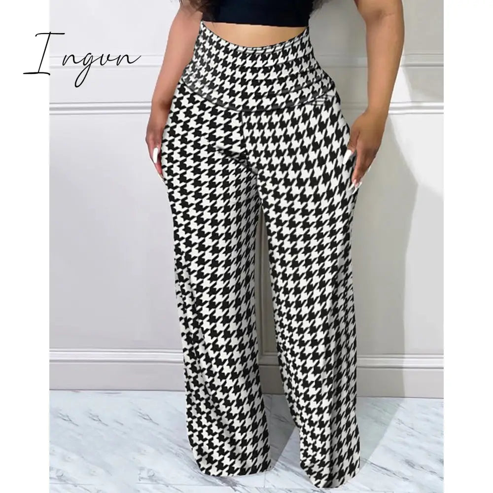 Ingvn - Women Houndstooth Print High Waist Pants Autumn Casual Long Pants Loungewear Women Clothes One Piece Suit Female