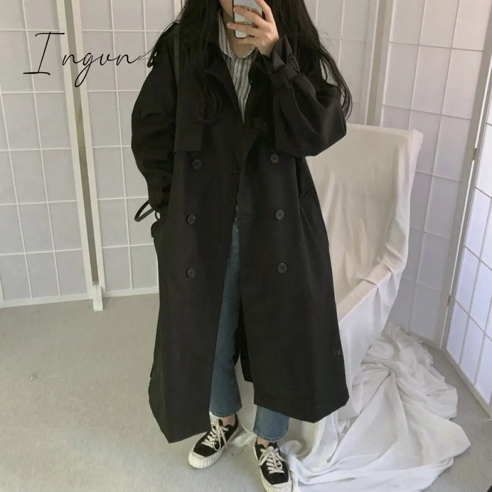 Ingvn - Chic Women Trench Coat Casual Women's Long Outerwear Loose Overcoat Autumn Winter Fashion Double-breasted Windbreaker Femme