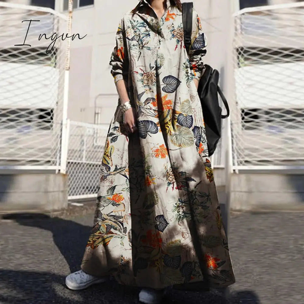 Ingvn - Summer Stylish Women Vintage Long Sleeve Loose Sundress Casual Long Maxi Dress Kaftan Femme Solid Party Vestido Robe