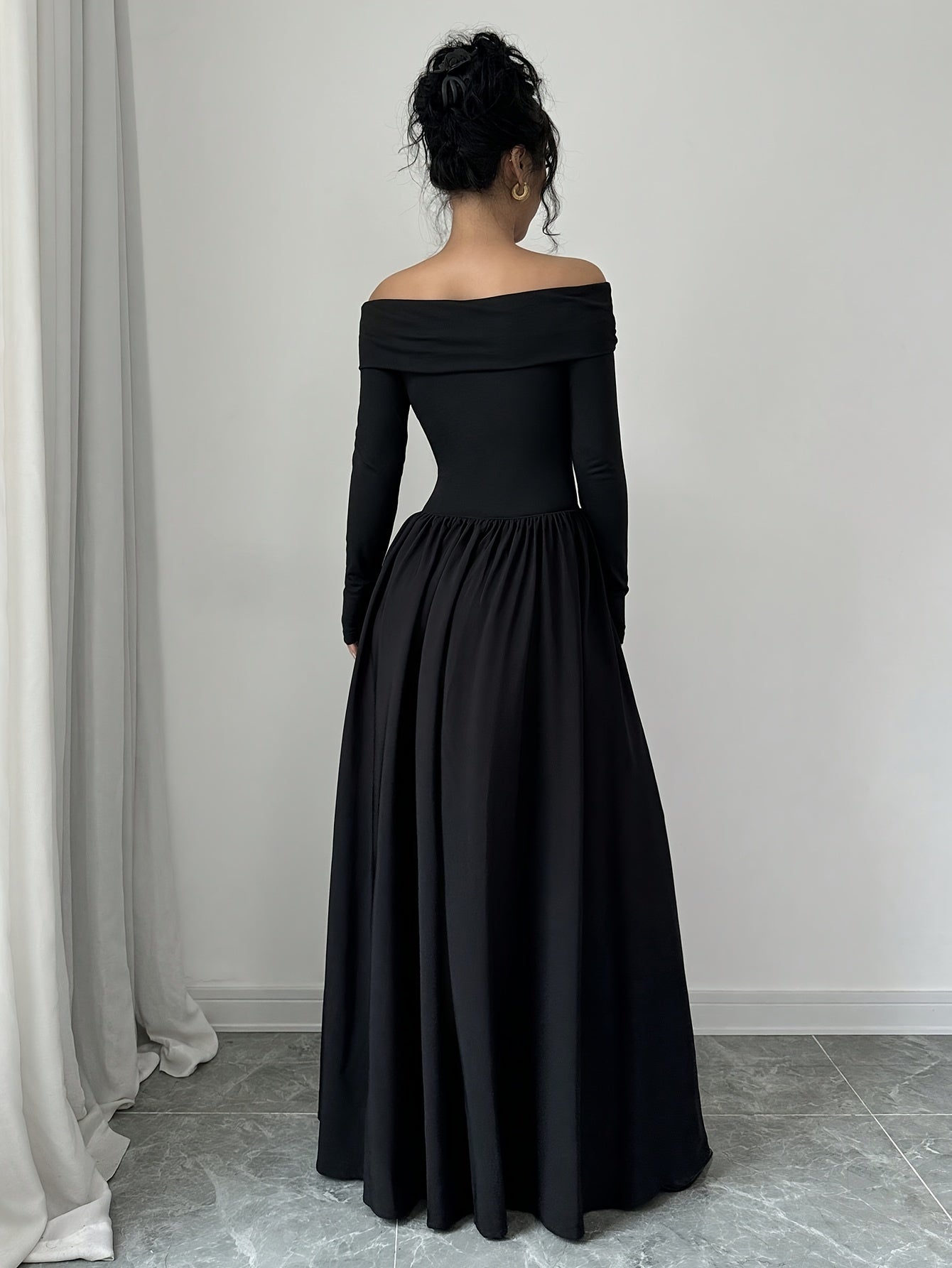 Solid Color Off Shoulder A-line Dress, Elegant Long Sleeve A-line Maxi Dress For Spring & Fall, Women's Clothing