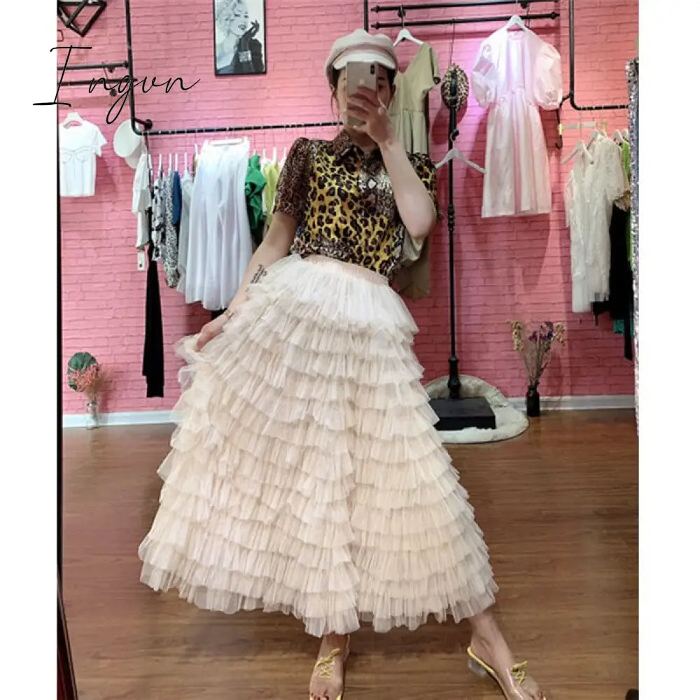 Ingvn - jupe femme Spring Party Skirt Elastic High Waist Long Tulle Skirt Women Multilayer ruffles Pink Mesh Tutu Skirt Ladies