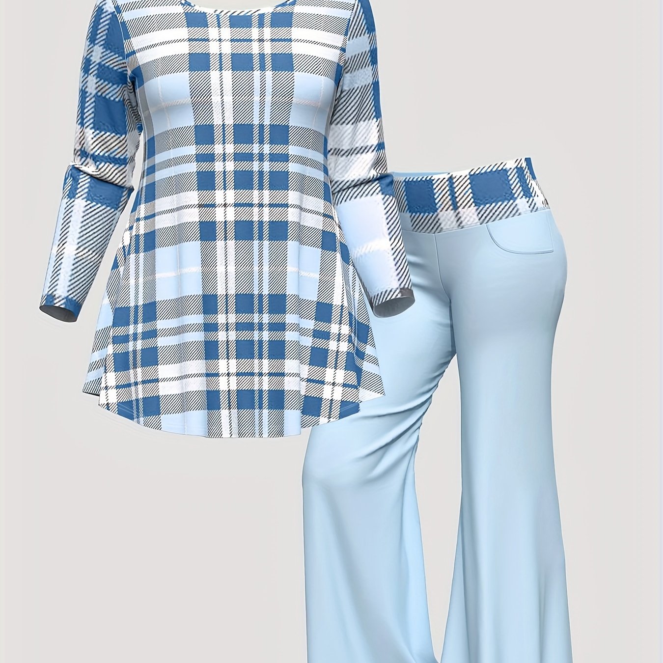Women's Casual Outfits Set, Plus Size Plaid Print Long Sleeve Round Neck Top & Flared Leg Pants Outfits 2 Piece Set
