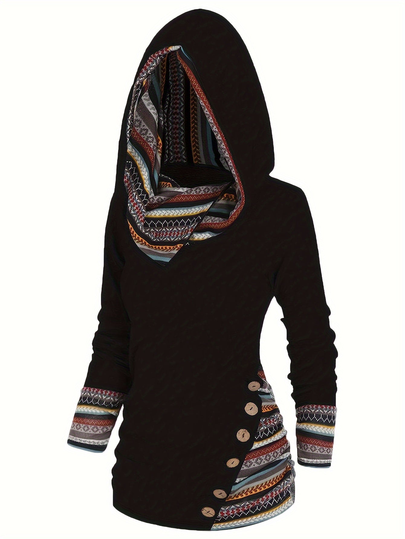 Stripe Splicing Button Decor Hoodie, Casual Long Sleeve Hoodie, Women's Clothing