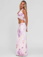 Mesh Print Sexy Skirt Two Piece Set Women Fashion Halter Tank Tops And Maxi Skirt Female Elegant Printed 2 Piece Set