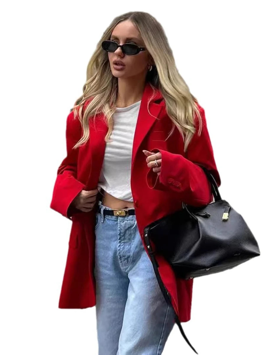 Ingvn  Women's Red Suit Temperament Shoulder Pads Loose Coat Collar Pocket Casual Cardigan Fashion Office Ladies Suit Jacket