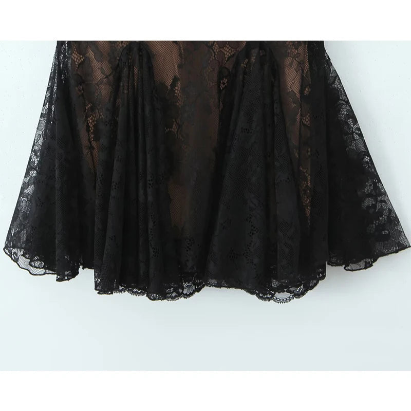 New Fashion Women Spaghetti Straps Lace Sexy Dresses Black Beige Backless Hollow Out A-line Mini Dress Night Out Robe