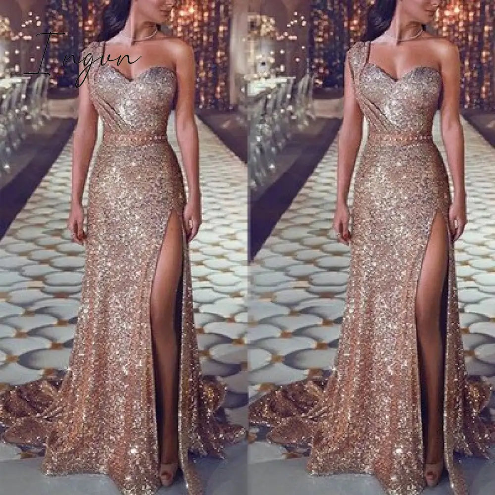 Ingvn - Big 5XL Fashion Women Dress Sequin Prom Party Fork Opening Ladies Dresses Ball Gown Sexy Gold Evening V-Neck Long Women Dress