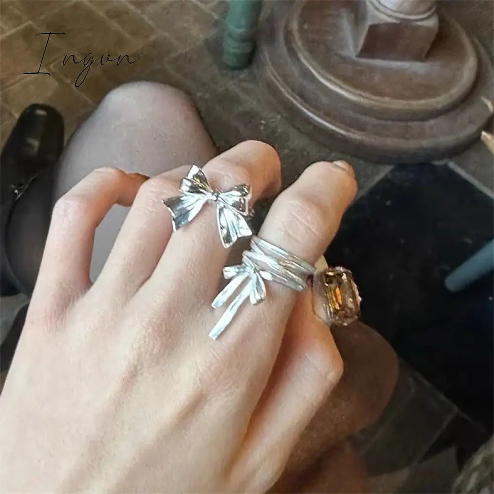 Korean Fashion Silver Color Fine Y2K Rings Simple Bowknot Retro Rings for Women Girls Aesthetic Jewelry Kpop Accessories