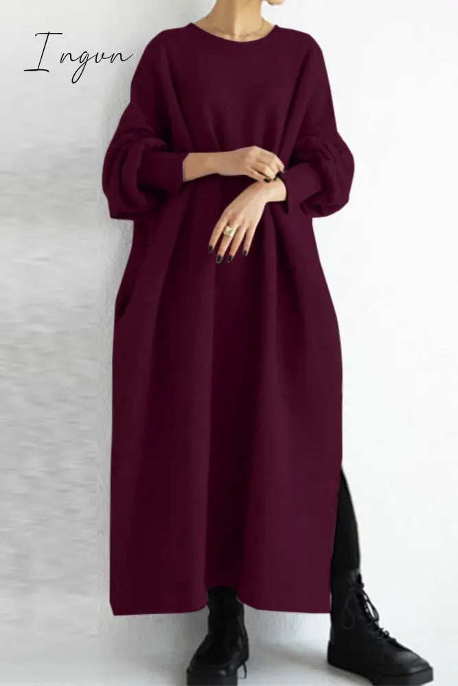 Ingvn - Casual Solid Slit O Neck Long Dress Dresses