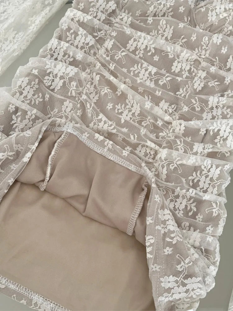 Korean Lace Mini Dress Elegant Square Collar Long Sleeves Princess Bodycon Birthday Party Dresses Slim Waist Short Vestidos New