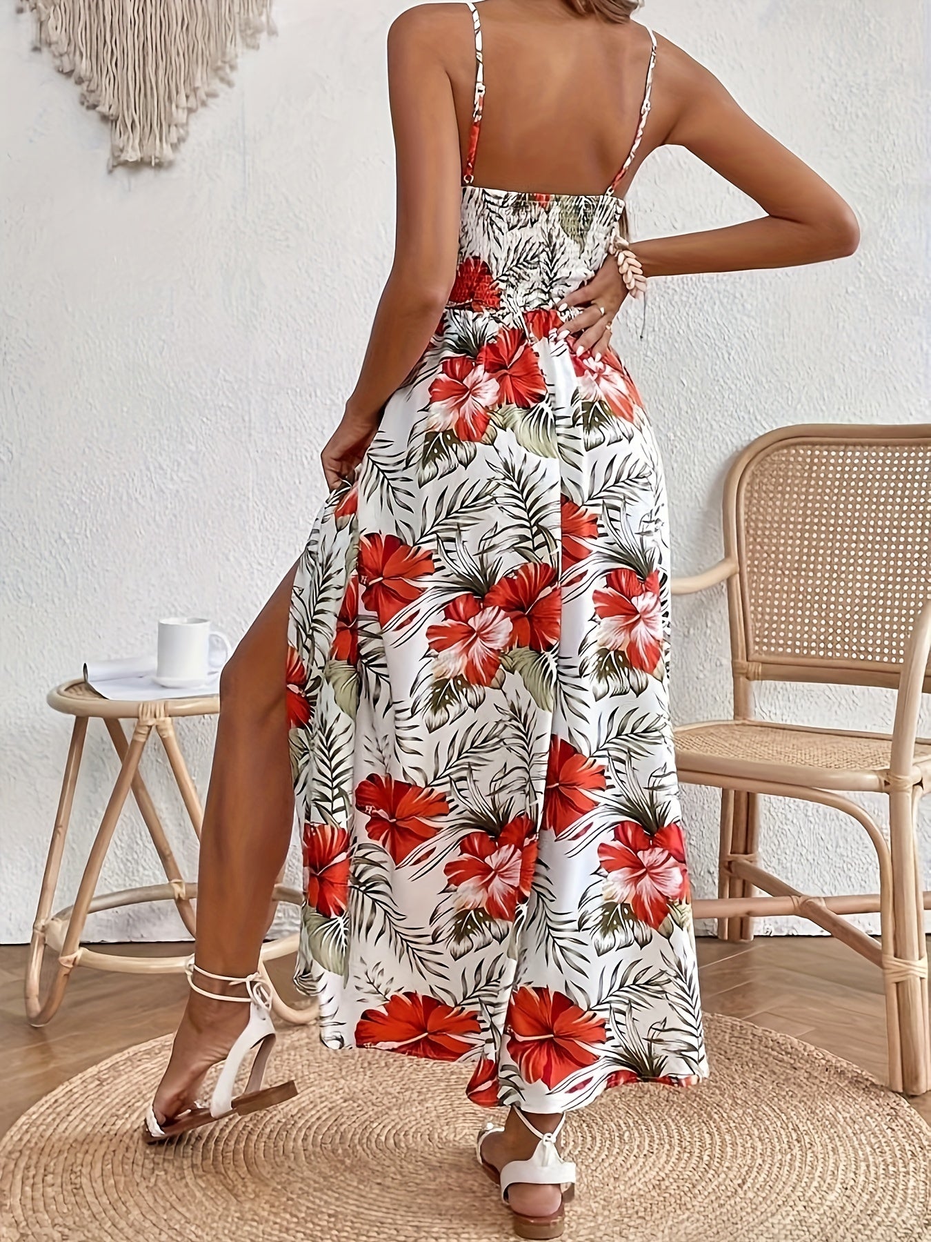 Womens Spring/Summer Chic Maxi Dress - Adjustable Spaghetti Straps, Floral Print, Elegant High Slit - Versatile Day-to-Night Wear