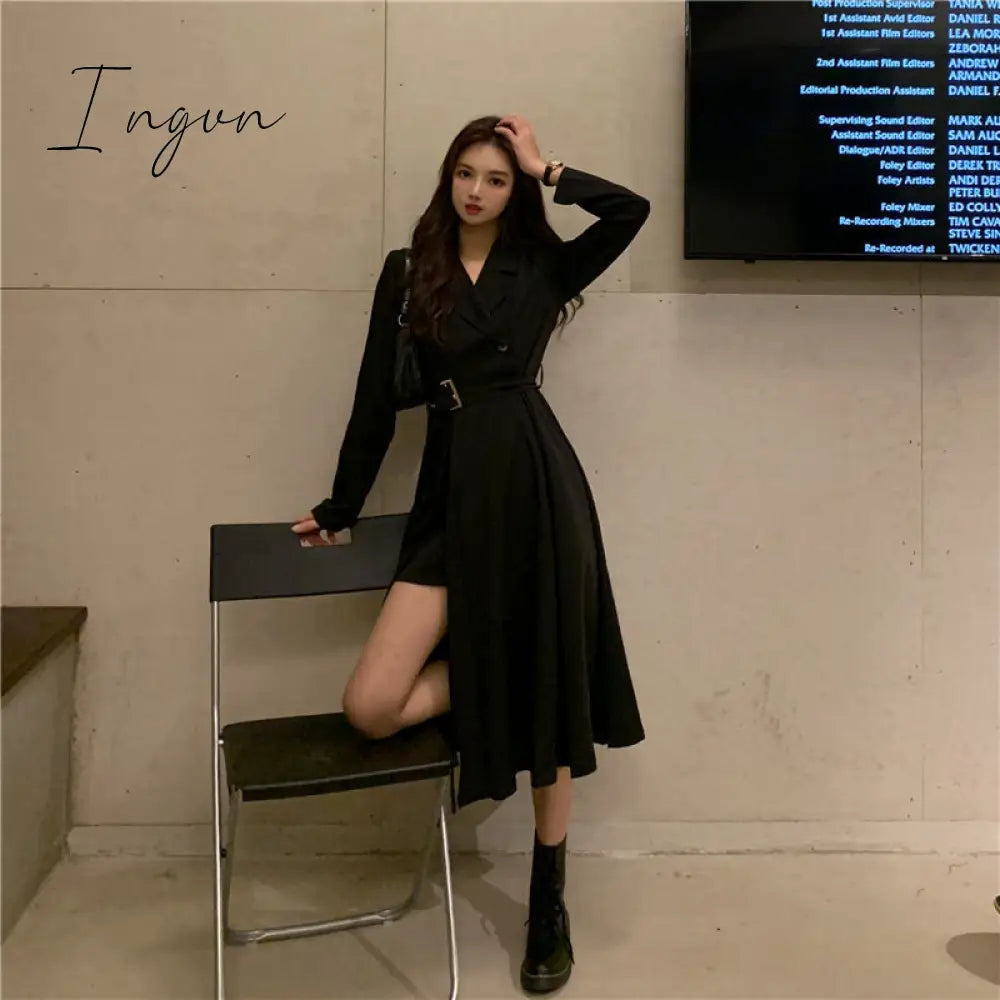 Ingvn - Long Sleeve Dresses Women Bandage Punk Streetwear Hipster Vestidos Mujer Elegant Popular Side Slit A-Line Charm Vintage Ulzzang