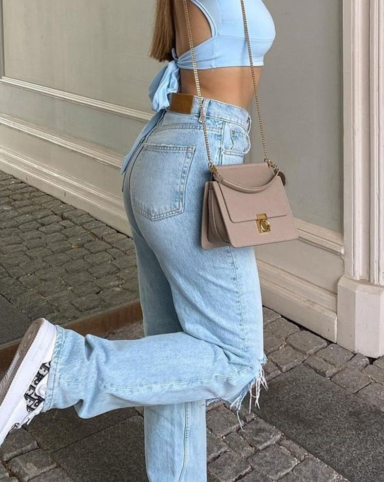 Voguable  Womens Loose Fit Jeans  Ripped Wide Leg For Women High Waist Blue Wash Casual Cotton Denim Trousers Summer Baggy Jean Pants