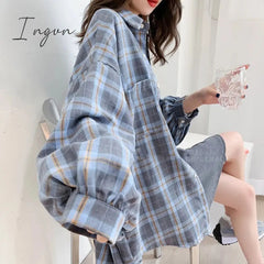 Ingvn - Fashion Plaid Women Shirt Fashion Korean Oversize Tops Harajuku Daily All-match Long Sleeve Chic Female Yellow Shirts New