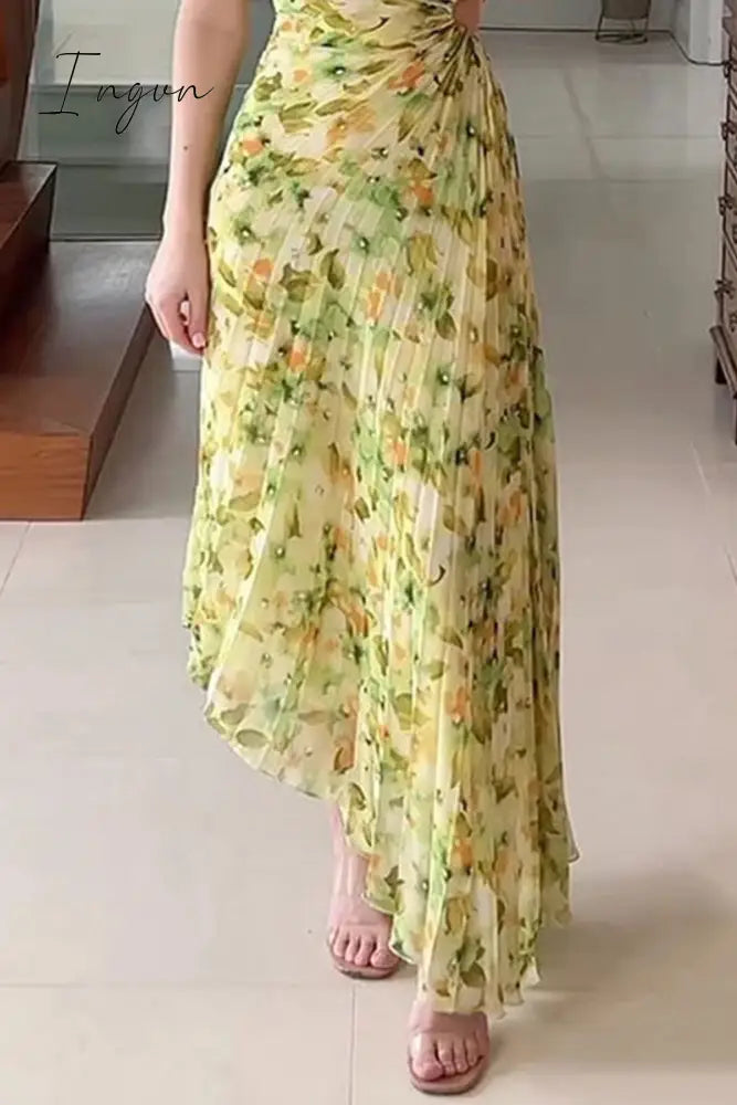 Ingvn - Casual Floral Fold Oblique Collar Irregular Dress Dresses