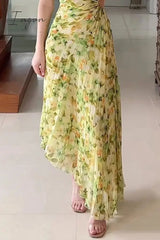 Ingvn - Casual Floral Fold Oblique Collar Irregular Dress Dresses