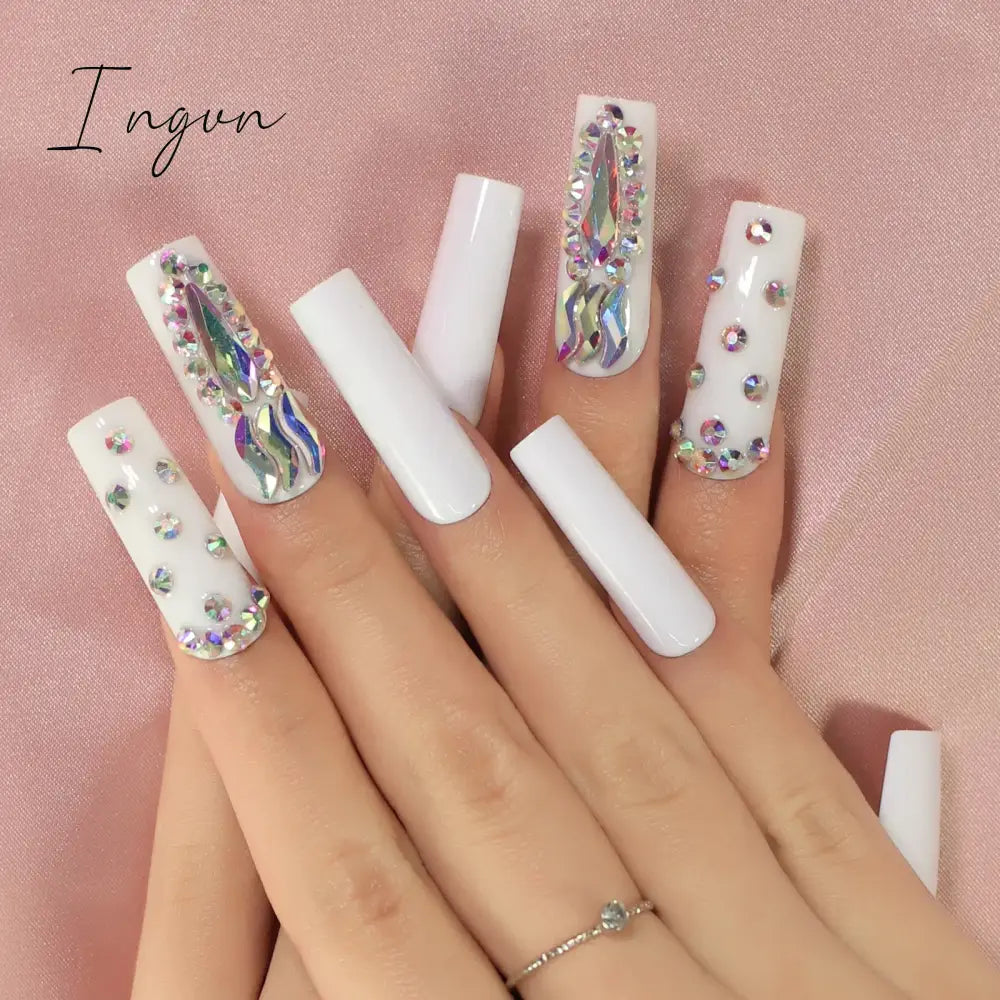 Extra Long Stiletto Press on False Nails Full Cover 3D Rhinestone Fake Nails Manicure Nail Art Tips Set for Wedding Party