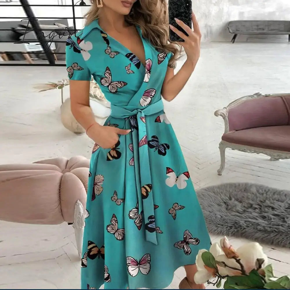 Ingvn - v neck long sleeve spring summer printed dress