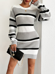 Cozy Stripe Acrylic Knit Sweater Dress for Women - Soft Crew Neck, Long Sleeve, Midi Length, Color Block Pattern, Elegant Fall/Winter Collection, Casual Chic, Versatile, and Comfortable