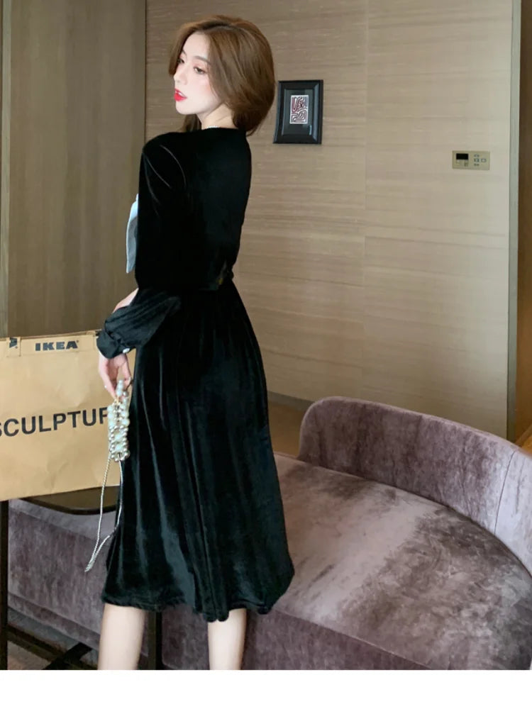 Vintage Velvet Black Midi Dresses for Women Autumn New Elegant Fashion Prom Party Evening Bow Long Sleeves Female Clothing