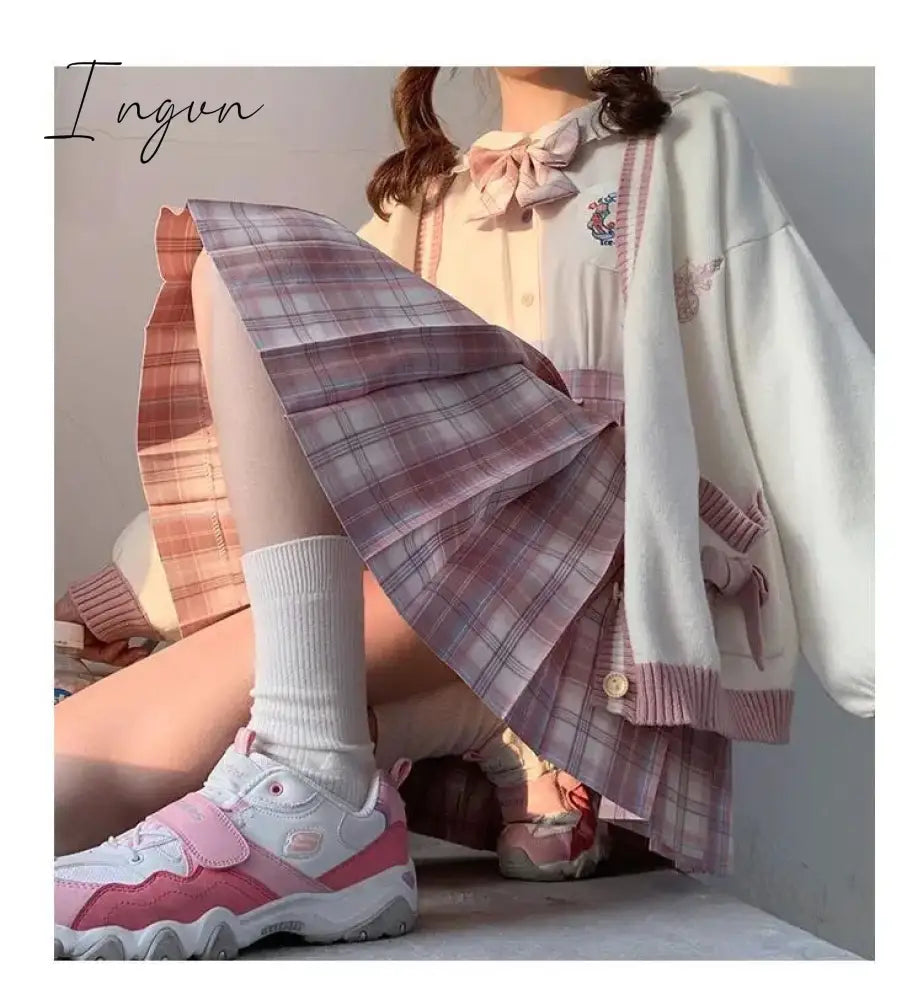 Ingvn - Spring Japanese Kawaii Fashion Pink Cardigan Women Harajuku Knitted Sweater Cute Bow Heart Korean College Style JK Uniform Coat