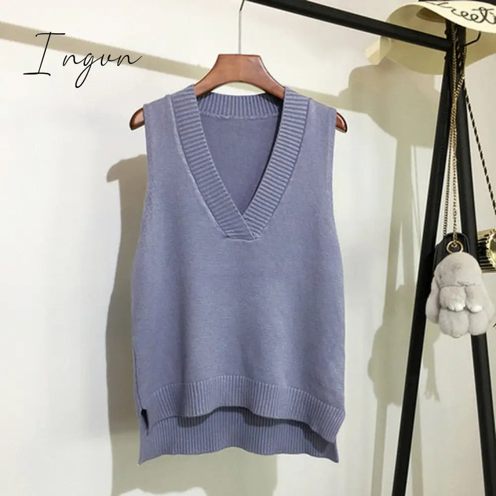 Ingvn - V-neck knitted Vest Women's Sweater Autumn And Winter New Korean Loose Wild Pink Sweater Vest Women Sleeveless Sweater 11810