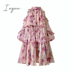 Ingvn - Floral Mini Dress Beach Style Woman Boho Long Sleeve Short Party Dress Casual Elegant Korean Fashion Dress Female
