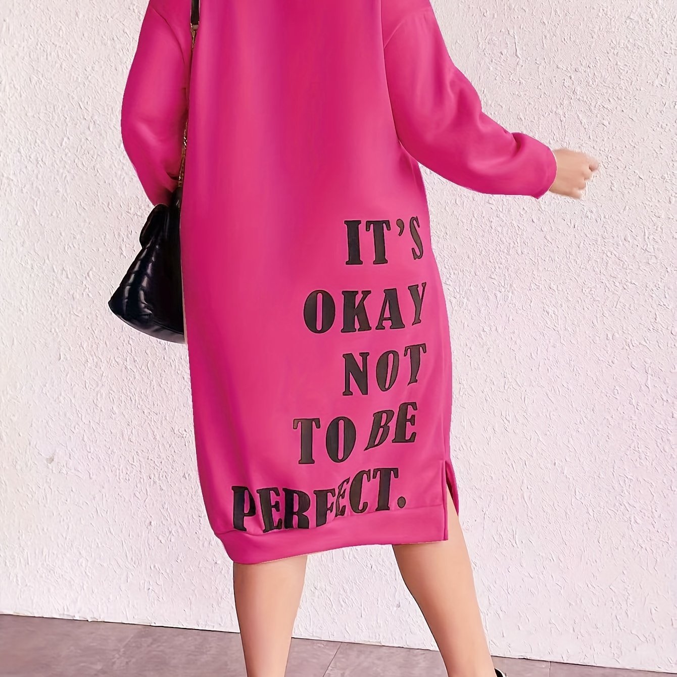 Midi Plus Size Casual Slogan Print Long Sleeve Round Neck Trapeze Sweatshirt Dress - Soft Medium Stretch Polyester Fabric, Loose Fit, Pullover Style, Machine Washable - Weekend Casual Wear for Fall Season