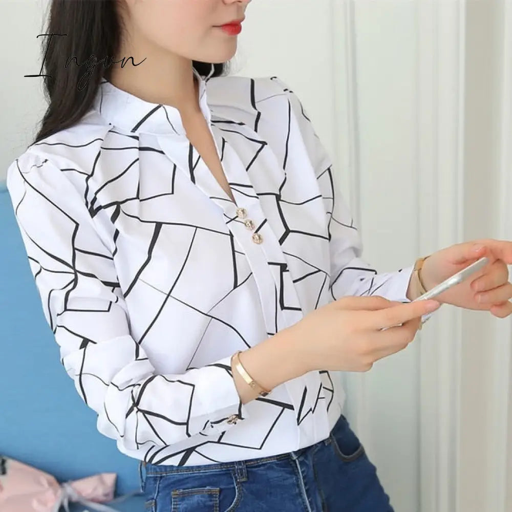 Ingvn - Plus Size Women White Tops and Blouses Fashion Stripe Print Casual Long Sleeve Office Lady Work Shirts Female Slim Blusas