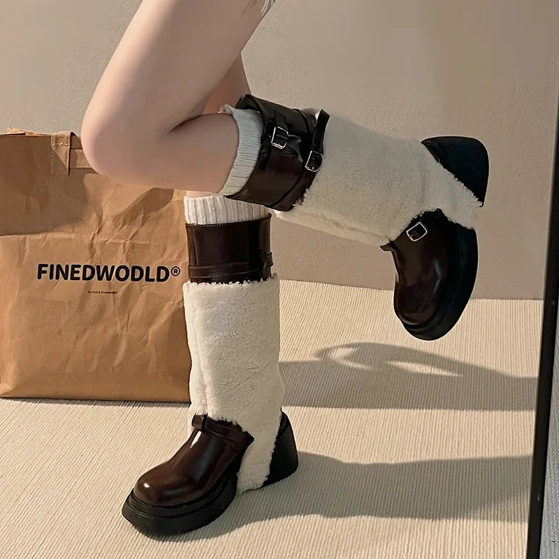 Ingvn  Platform Women Knee-High Boots Fashion Fur Removable Shoes Autumn Winter Thick Heel Women's Knight Long Booties