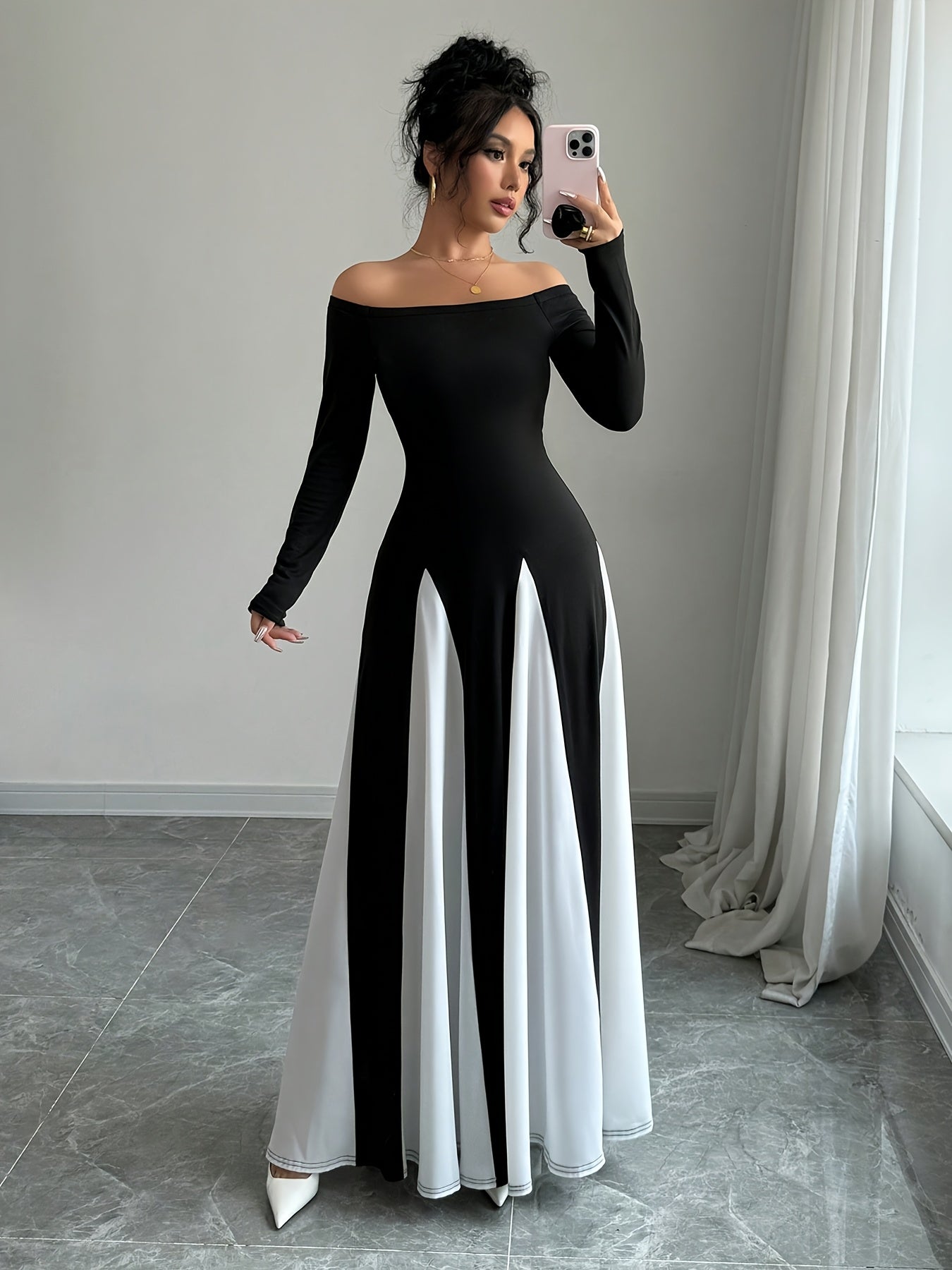 Elegant Black and White Symphony Kimono Dress, Polyester 95% Elastane 5%, Solid Color, Strapless, Knit Fabric, Spring/Summer Collection for Adults