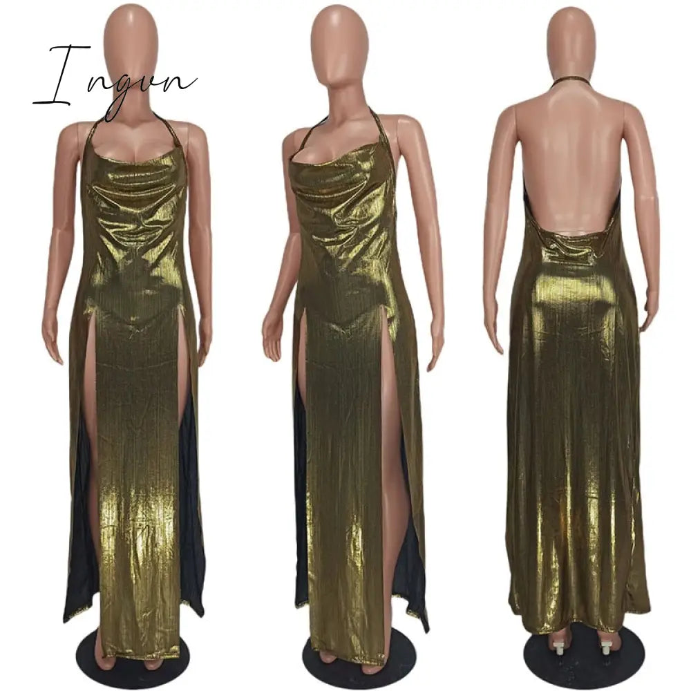 Ingvn - Sexy Glitter Metallic Off Shoulder Evening Dresses Women Night Party Festival Outfits Backless Side Split Long Dress Clubwear