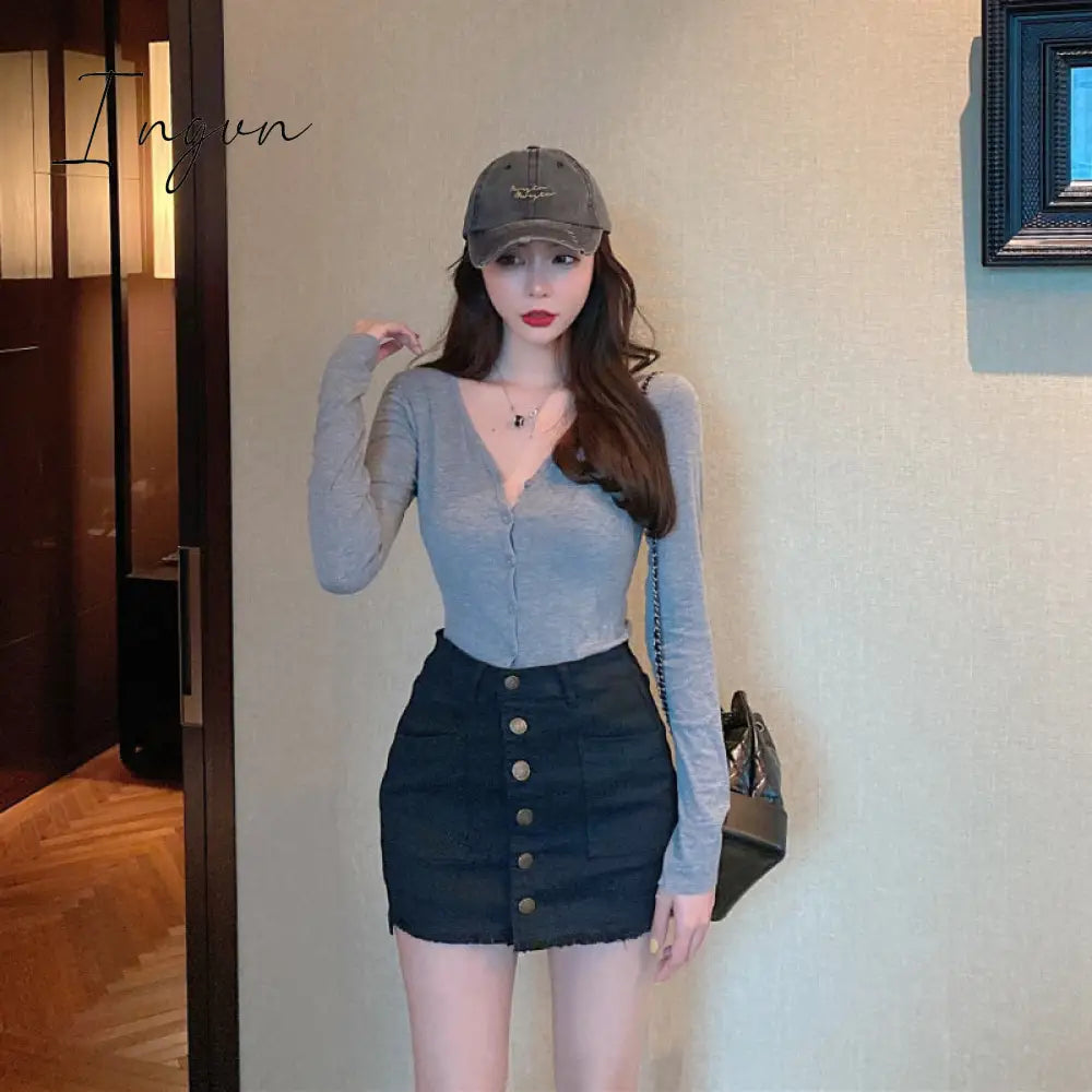 Ingvn - Summer Sexy Mini Skirt Women New Arrival Single Buttons High Waist Denim Shorts Skirt Black Or White A Line Jean Skirts