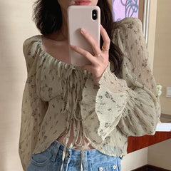 Korean Chic Elegant Lace Sweet Women Blouses Vintage O Neck Long Sleeve Perspective Female Shirts OL Blusas Mujer