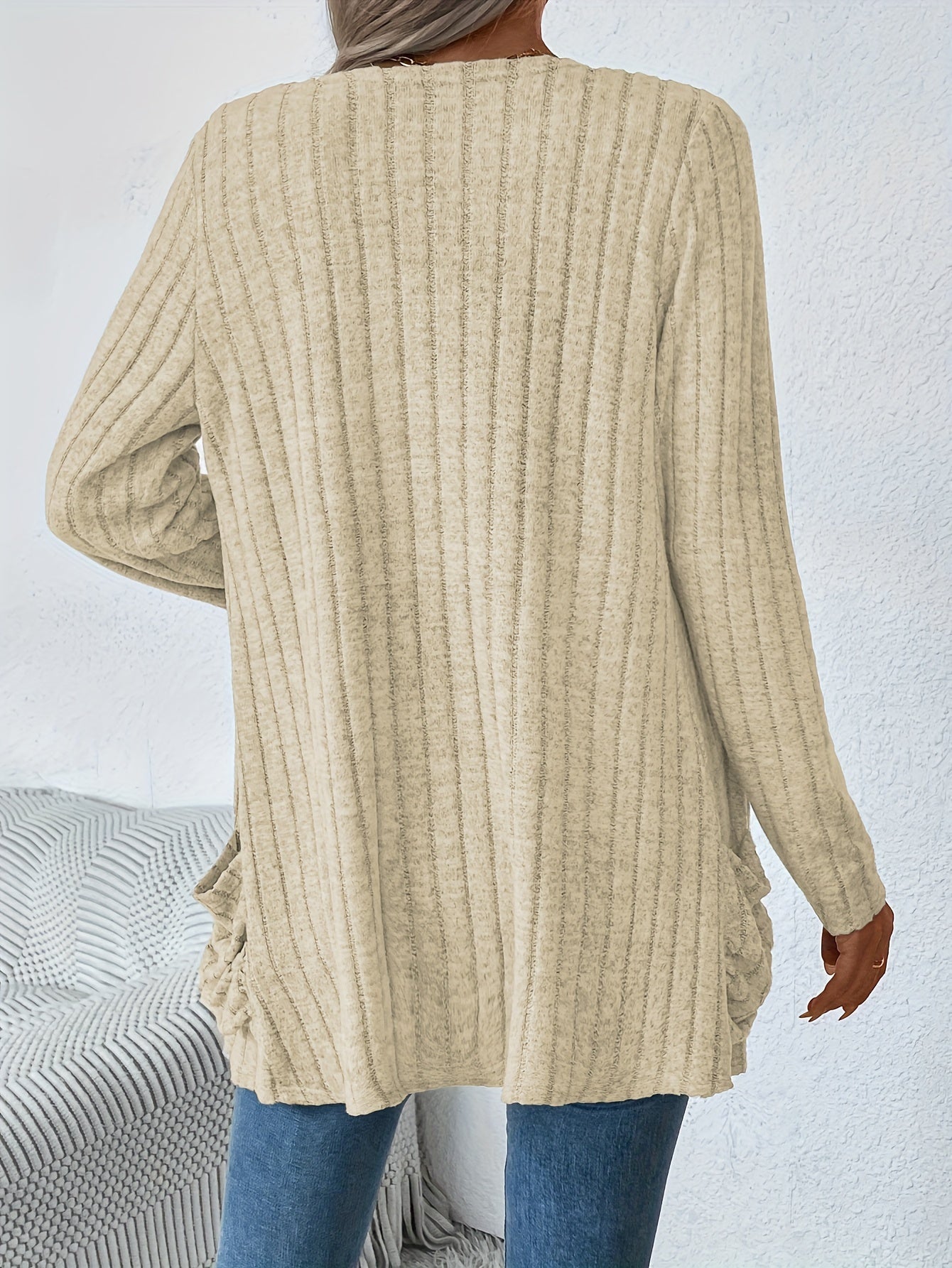 Cozy Ribbed Cardigan - Casual Jackets for Women with Dual Pockets and Long Sleeves for Spring and Fall - Soft, Open Front, and Versatile