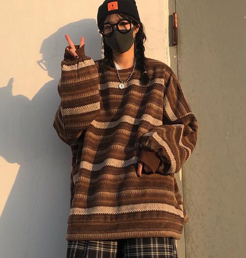 Voguable Pullover Women Vintage Striped Sweater Oversize Long Sleeve Couples Knitted Tops Hip Hop Fashion Streetwear Pullover Female