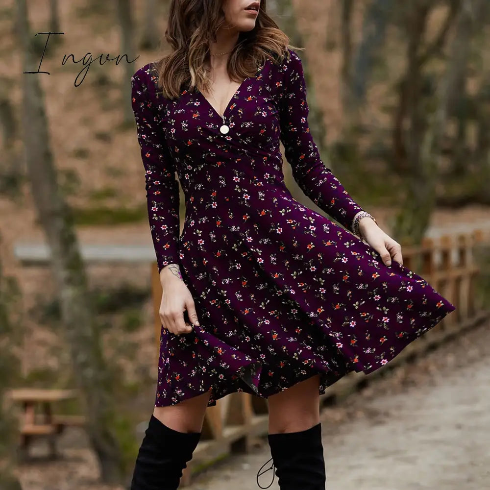 Ingvn - Spring Summer Long Sleeve V Neck Flowers Print Boho Dress Women Elegant Vintage Floral Printed Casual  Green A-line Swing Dress