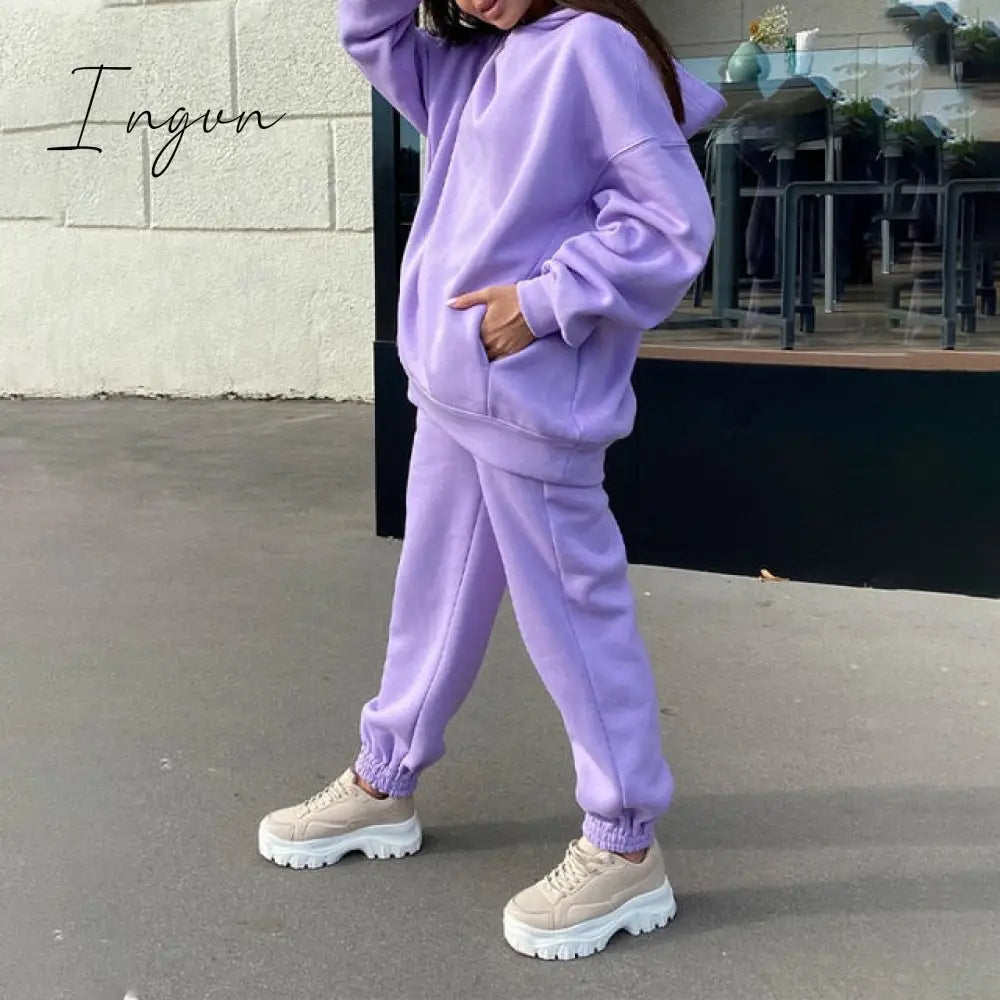 Ingvn - Women Elegant Solid Sets For Women Warm Hoodie Sweatshirts And Long Pant Fashion Two Piece Sets Ladies Lace Up Sweatshirt Suits