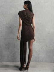 Irregular Draped Ruched Sexy Mini Dress For Women Elegant Turtleneck Sleeveless High Waist Pleated Club Party Dress