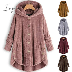 Ingvn - Women's Fleece Jacket Pullover Sherpa Fleece Teddy Button Front Pocket claret turmeric Black Solid Color Street Hoodie Plus Size Long Sleeve Fleece