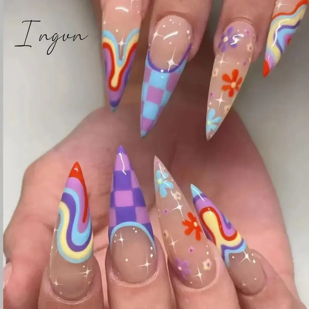 24Pcs False Nails With Glue Almond Pink Butterfly Design Detachable Rhinestones Acrylic Fake Nails long stiletto Press On Nails