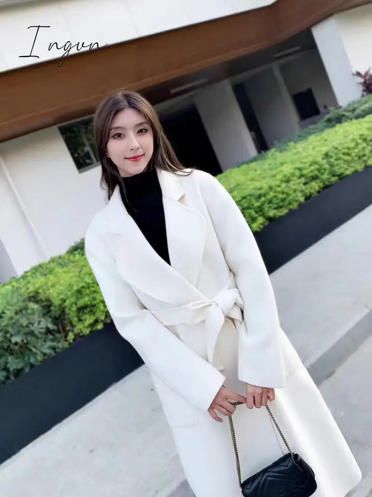 Ingvn - White double-sided cashmere coat women's mid-length over-the-knee autumn new high-end slim Australian wool woolen coat