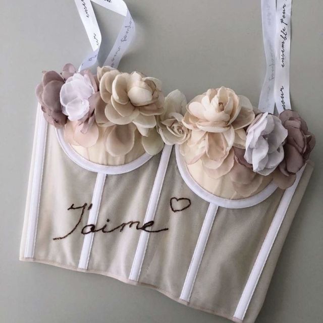 Fairy 3D Flowers Embroidered Fish Bone Corset Camisoles Tube Wrap Chest Bra Tank Tops  Lace Cami Crop Rhinestone Mesh Top