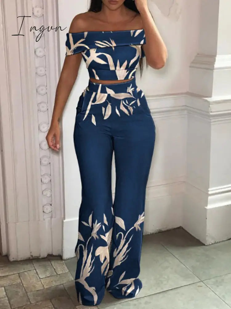 Ingvn - Matching Set Women Slash Neck Pullover Top High Elastic Waist Wide Leg Pants Ladies Outfit Summer Printing Slim Streetwear Suit