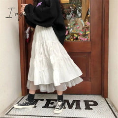 Ingvn - Long Tulle Midi Skirts Womens Autumn Elastic High Waist Mesh Tutu Pleated Skirts Female Black White Long Skirt Streetwear