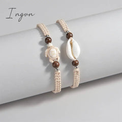 2pcs/set Fashion Boho Turquoise Sea Turtle Shell Woven Adjustable Anklet for Women Niche Design Beach Vacation Jewelry Gifts